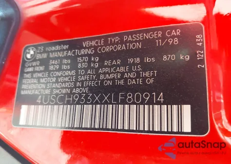 1999 BMW Z3 2.3 z USA, uszkodzony, nr VIN 4USCH933XXLF80914